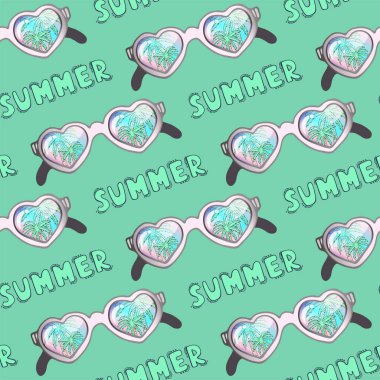 El çizimi kalp güneş gözlüklerinin pürüzsüz deseni yansıması tropikal palmiye ağacı. Yaz Mektubu. Tebrik kartı, davetiye, duvar kâğıdı, ambalaj kağıdı için sevimli karalama çizimi