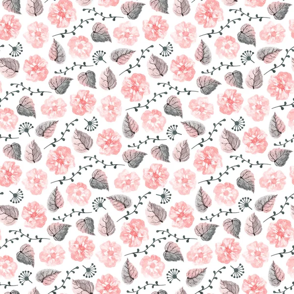 Modello Senza Cuciture Disegnato Mano Fiori Selvatici Fiore Rosa Foglie — Foto Stock
