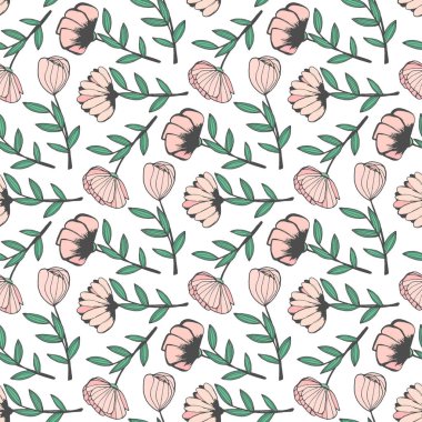 Farklı çiçeklerden, kır çiçeklerinden ve yapraklardan elde çizilmiş kusursuz desenli bir taşıyıcı. Tasarım kartları, davetiyeler, duvar kağıtları, ambalaj kağıtları, kumaşlar, ambalajlar için bahar renkli karalama çizimleri