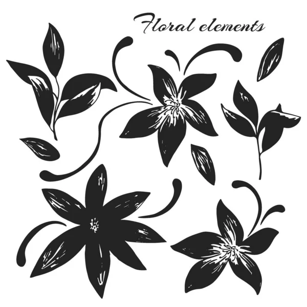 Ручной Набор Силуэта Цветущие Цветы Ветви Листьями Цветочные Элементы Изолированы — стоковый вектор