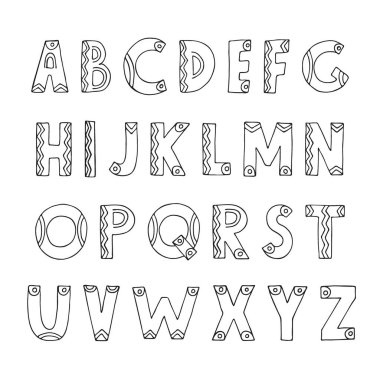 Dekoratif el çizimi ABC Latin alfabesi. Şirin İngilizce yazı tipi, İskandinav tarzında harfler, siyah-beyaz çizim vektör çizimi. Noktalar ve çizgiler ile eğitici harfler