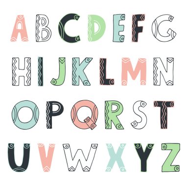 Dekoratif el çizimi ABC Latin alfabesi. Şirin İngilizce yazı tipi, İskandinav tarzında harfler, renkli karalama çizim vektör çizimi. Noktalar ve çizgiler ile eğitici harfler