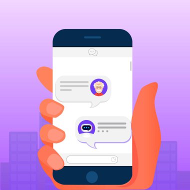 Sohbet etmek kavramı ve gelecekteki pazarlama kavramı. İletişim yardım hizmeti. Adam sohbet bot ile sohbet.