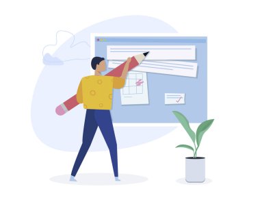 Reklam Yazarlığı, yaratıcı yazarlık, kavram oluşturma içeriği. Blogger karakter. Beyaz arka plan üzerinde izole düz izometrik vektör çizim.