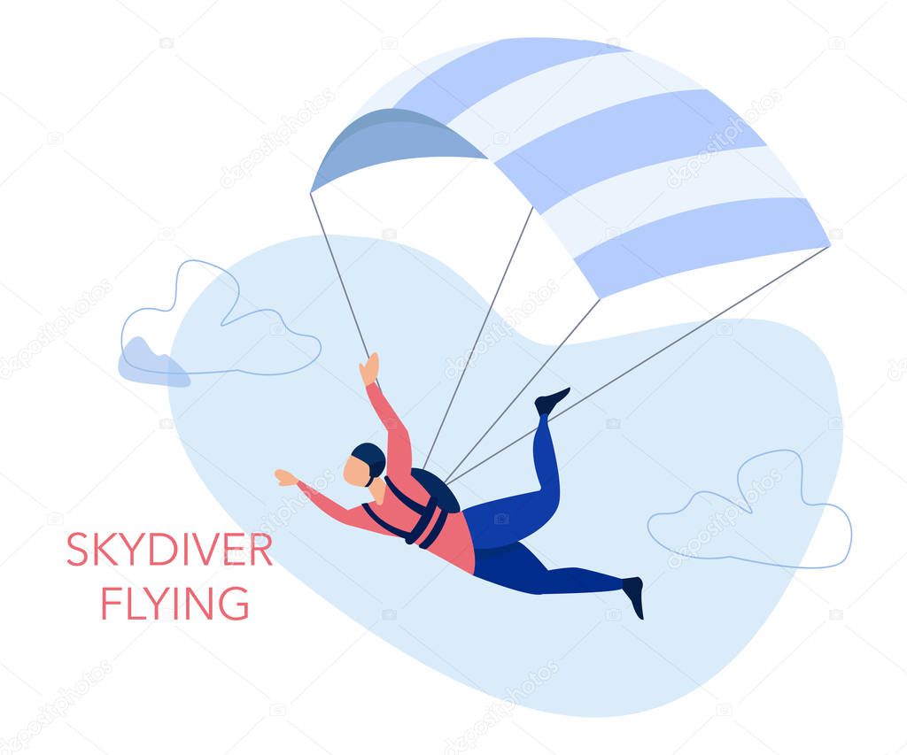 Skydiving and leisure activity concept. Skydiver flying with a parachute. Vector Illustration