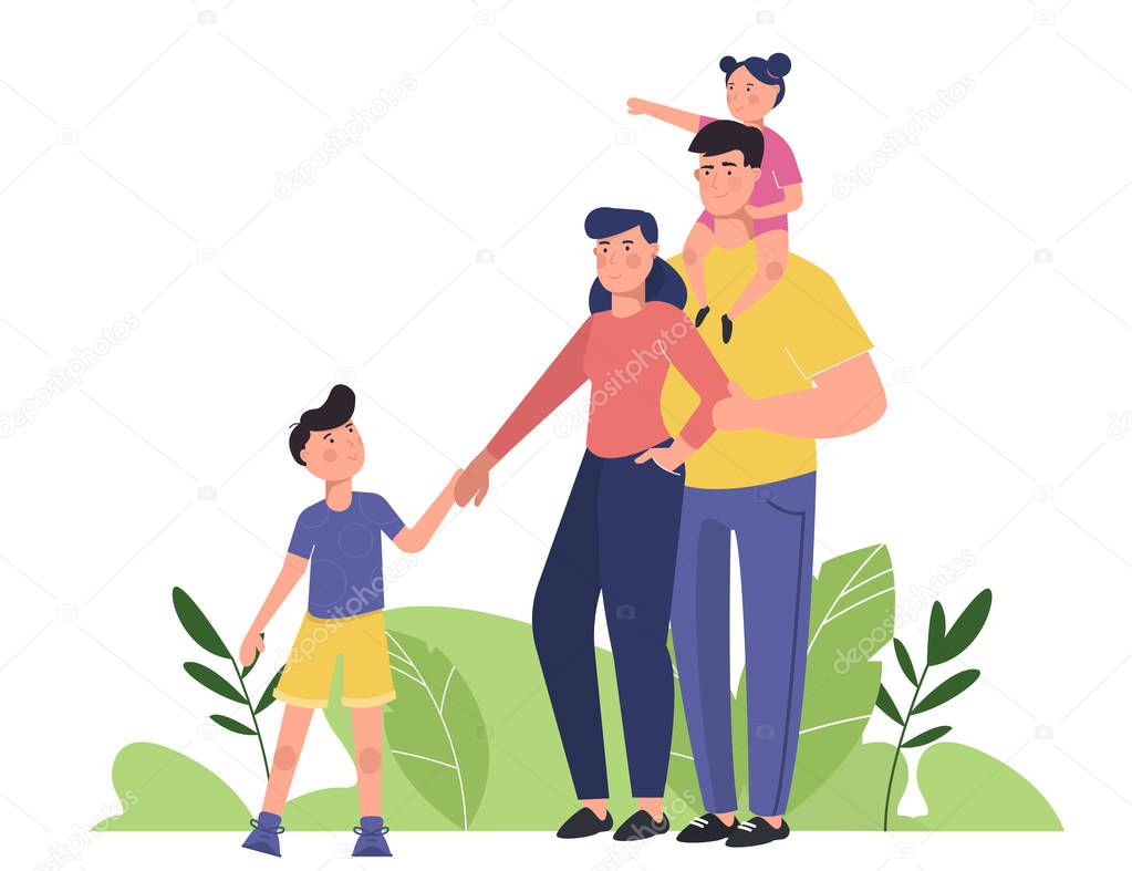 Happy family with parents and children. Young family: toddler girl and small boy, mother and father standing together. Flat cartoon characters isolated on white background.
