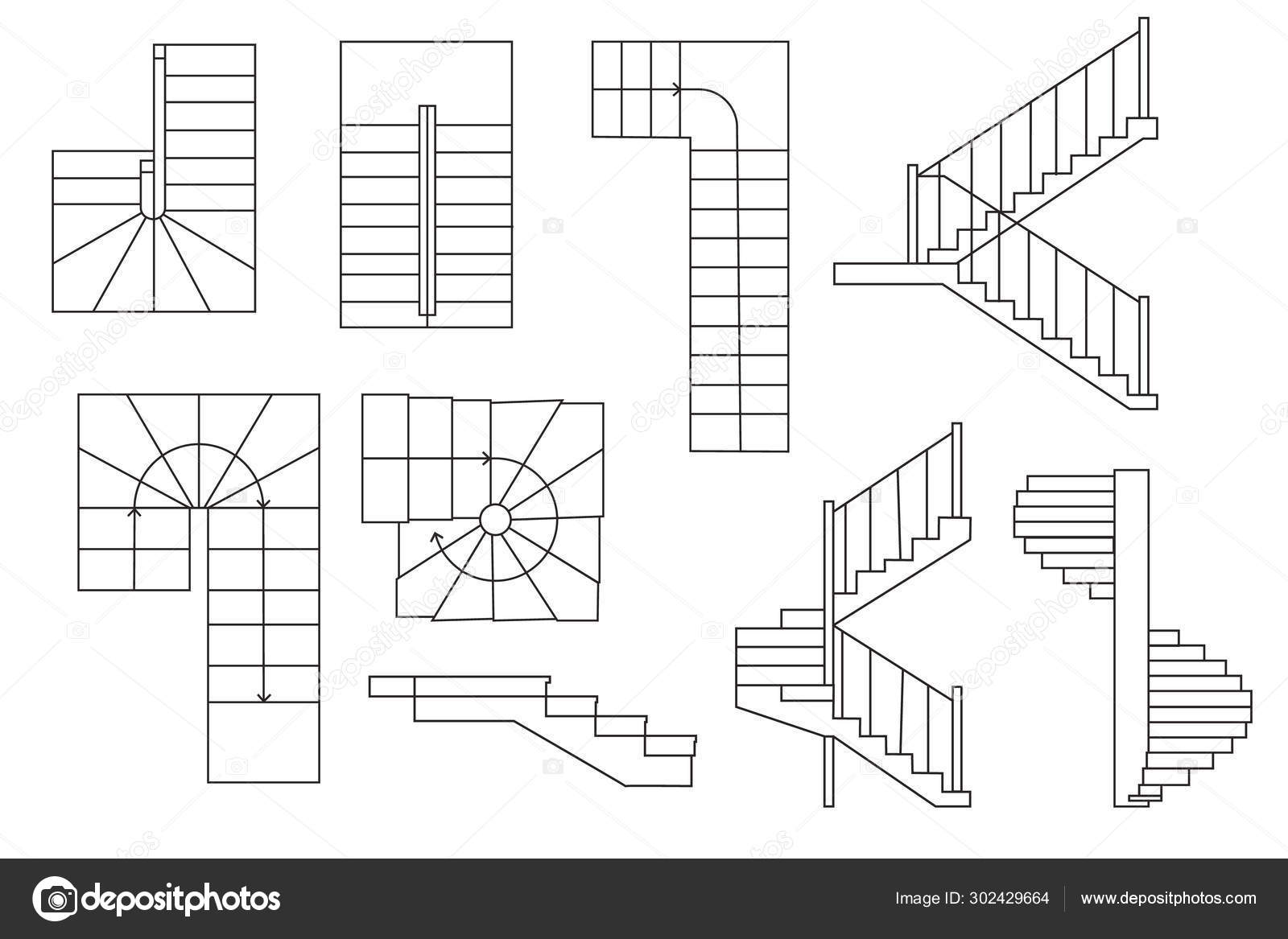 Drawing Stairs Stairway Top View Sectional View Architectural Set Stock