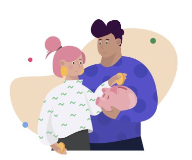 Aile Tasarruf Sağlar. Erkek ve kadın kumbara tutar ve içine para koyarlar. Finansal istikrar, nakit tasarrufu. Aile veya hane bütçesi kavramı, finansal planlama, para yönetimi. 