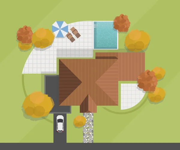 房子的顶视图 带游泳池 草坪和车库的私人住宅 矢量插图 — 图库矢量图片