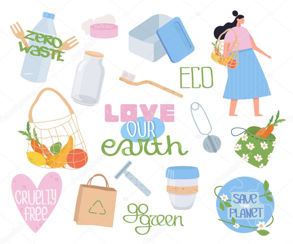 Collection of ecology, zero waste objects, lettering and people. Set reusable items or products. No plastic. Go green. Flat cartoon vector illustration.