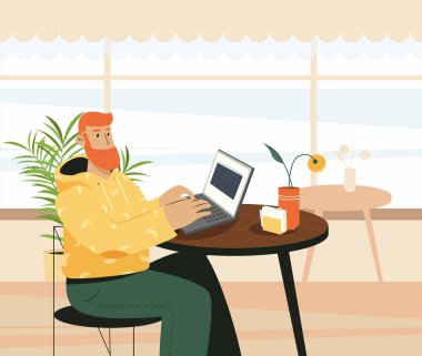 Cafe 'de çalışan Bağımsızlar. Çevrimiçi Kariyer veya Çevrimiçi Eğitim. Düz Çizgi film Vektör İllüstrasyonu.
