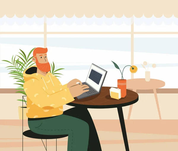 Homem Freelancers Trabalhando Café Carreira Online Educação Online Desenhos Animados — Vetor de Stock