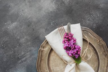 Tablo yer ayarını romantizm violet Lila, gümüş vintage tablo ile bahar. Yukarıdan görüntülemek.