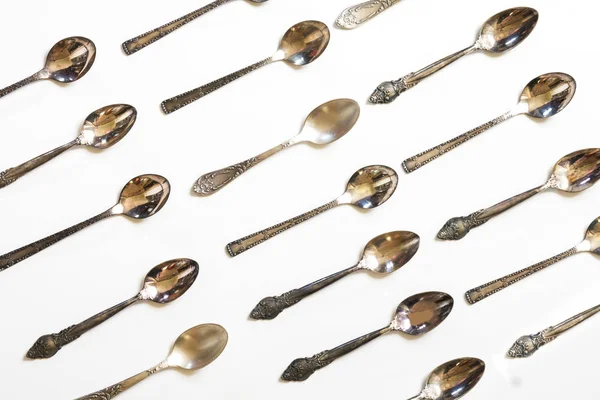 Vintage Spoons Silverware Pattern White Background Kitchen Texture Top View — Stock Photo, Image