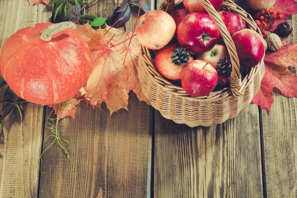 Herbsternte, Kürbis, Äpfel im Korb, Herbstblätter auf Holzbrettern. Herbst Stillleben, Vintage-Stil. Ansicht von oben. — Stockfoto