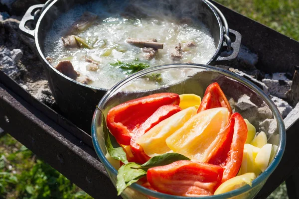 Shurpa Soup Large Cast Iron Cauldron Outdoor Summer Food Hike — Stock Photo, Image