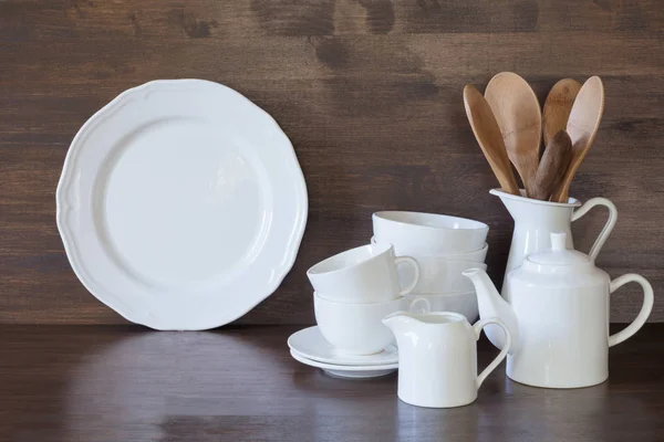 Посуд Порцеляна Білий Посуд Інші Різні Речі Дерев Яній Стільниці — стокове фото