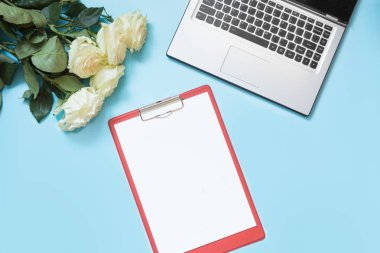 Laptop ve mavi masaya beyaz gül çiçek açık ile Bayan okul sırası. Kopya alanı ile üstten görünüm kompozisyon.