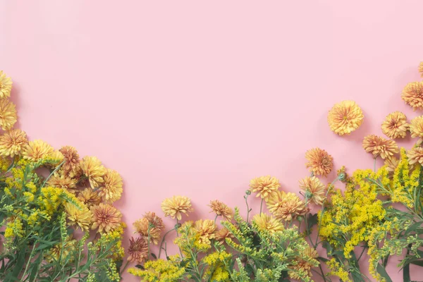 Flores de margarita dorada como borde sobre fondo rosa pastel. Patrón floral. Caída . — Foto de Stock