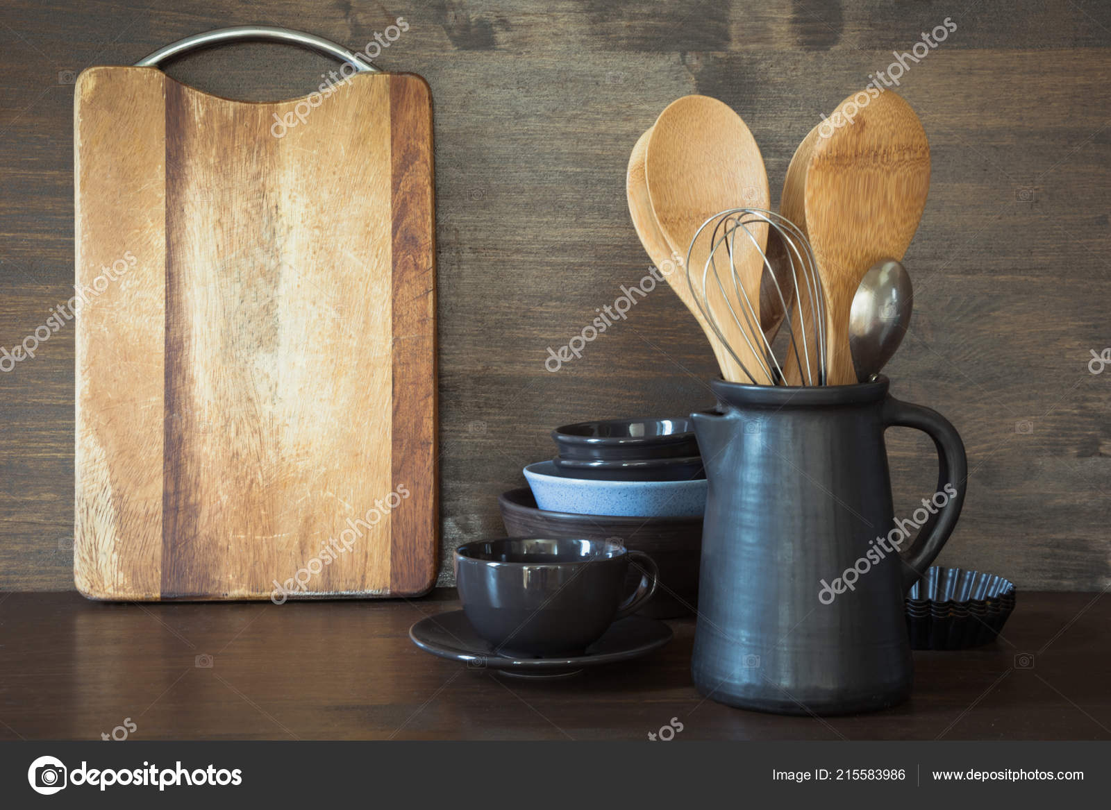 Crockery Clayware Dark Utensils And Other Different Stuff On Wooden Tabletop Kitchen Still Life As Background For Design Copy Space Stock Photo Image By Svetlana Cherruty 215583986
