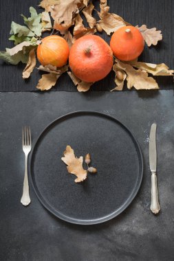 Turuncu siyah masaya kabak Şükran günü veya Halloween yer ayarla. Üstten görünüm.