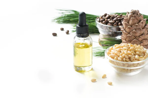 Cedar oil, branches and cedar cone on white background. Copy space. Beauty and healthy concept. Close up.