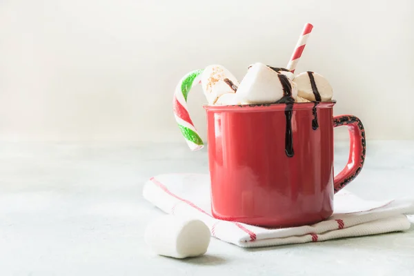 Mug Hot Chocolate Cacao Marshmallows Christmas Fir Tree Branches White — Stock Photo, Image
