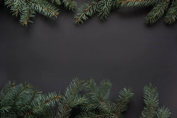 Ramas de árbol de Navidad sobre fondo negro. Vista superior. Patrón de Navidad con espacio para texto . — Foto de Stock