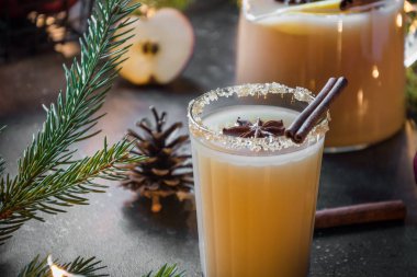 Elma kakule ve anasonu köknar ağacı dalları ile siyah tabloda kokteyl.