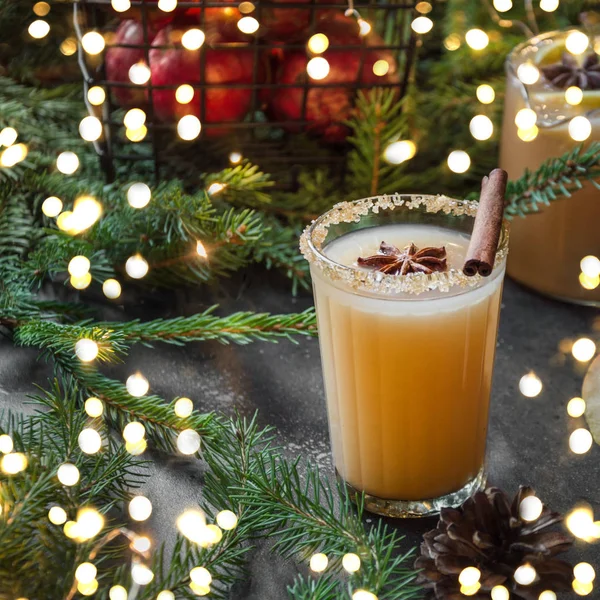 Cóctel de sidra de manzana con cardamomo y anís estrellado con ramas de abeto. Fiesta de Navidad . —  Fotos de Stock