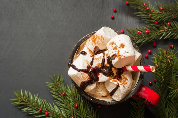 Becher Mit Heißer Schokolade Und Kaffee Mit Marshmallows Mit Weihnachtsbaumzweigen — Stockfoto