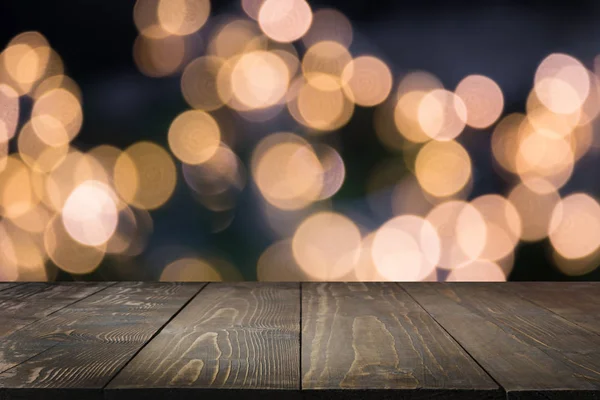 Blurred Gold Garland Wooden Tabletop Foreground Image Display Montage Your — Stock Photo, Image