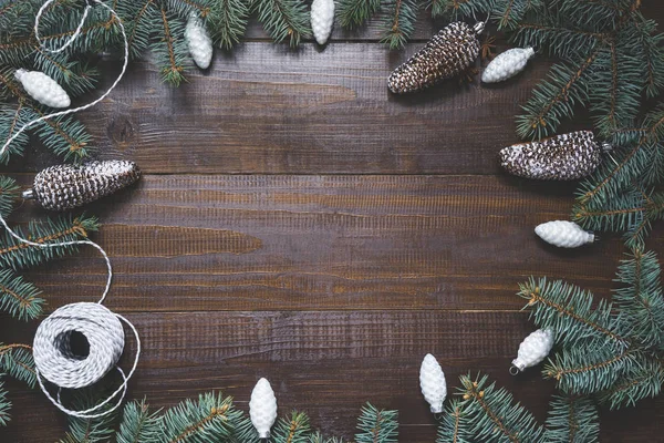 Karácsonyi Keret Fehér Dísztárgy Fából Készült Táblán Nézd Meg Felülről — Stock Fotó