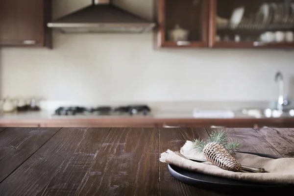 Ajuste Mesa Navidad Borrosa Cocina Moderna Como Bachground Espacio Para —  Fotos de Stock