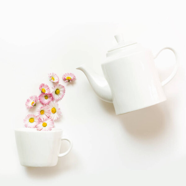 Cup of tea with herbal flowers on white background. Spring tea concept.