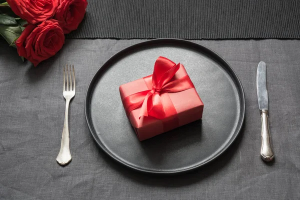 Dia Dos Namorados Aniversário Jantar Romântico Configuração Mesa Elegância Com — Fotografia de Stock