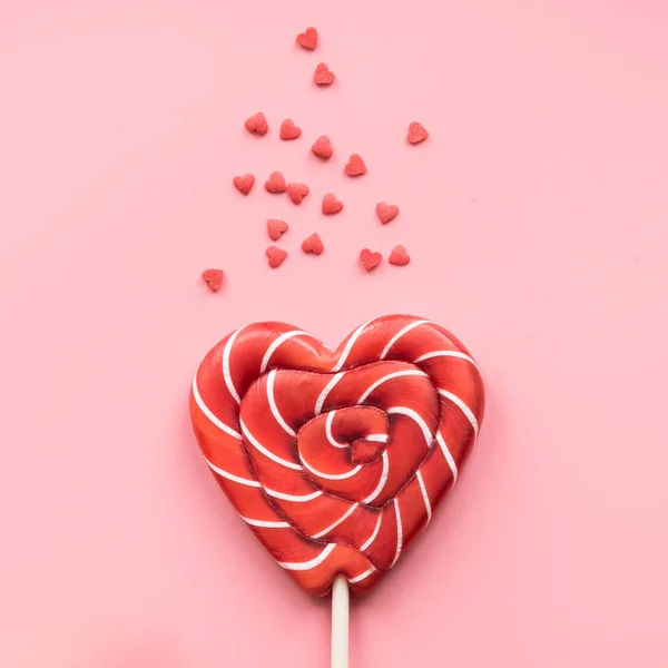 Biglietto San Valentino Lollipops Caramelle Come Cuore Sfondo Rosa Concetto — Foto Stock