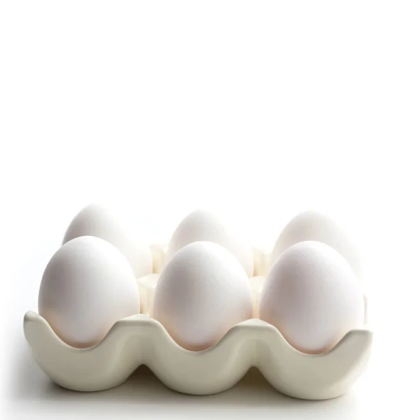 Huevos Pollo Blancos Orgánicos Caja Decorativa Porcelana Sobre Blanco Comida — Foto de Stock