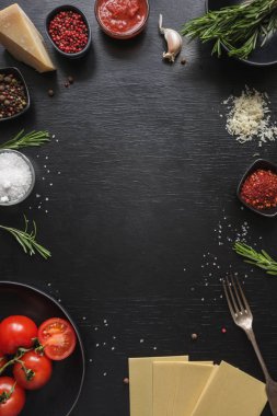 Ham maddeler lazanya, makarna, sebze ve otlar siyah için. Kopya alanı.