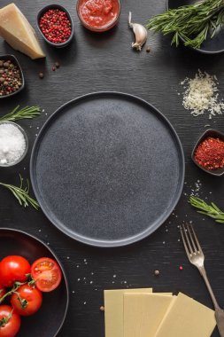 Lazanya, makarna, sebze siyah ham maddeler. Kopya alanı.