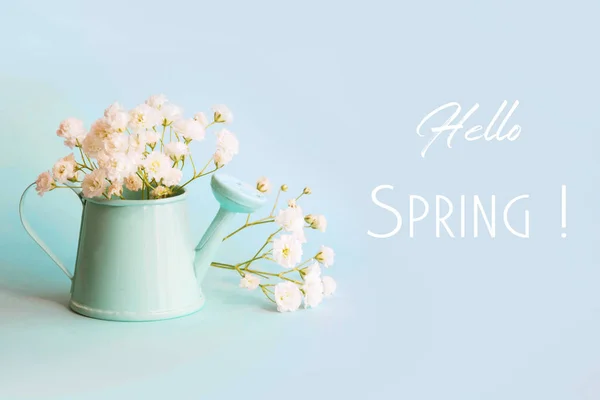 Bouquet gypsophila in watering can on blue. Text - Hello spring. — Stock Photo, Image