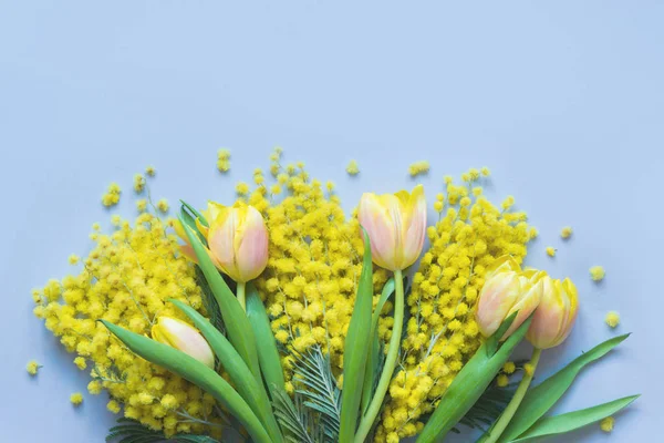 Jarní Květinový okraj žluté tulipány, mimosa na modré. Pohled shora s kopií prostor. — Stock fotografie