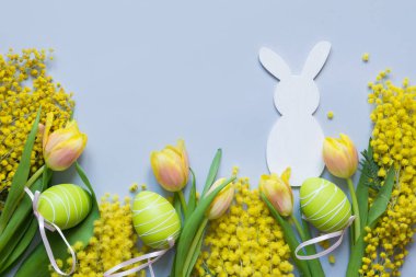 Paskalya ve bahar çerçeve Sarı laleler, Mimoza mavi. Kopya alanı ile Üstten Görünüm.