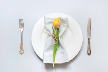 Paskalya Tablo ayarı üzerinde pastel Mavi Sarı Lale ile. Üstten Görünüm.