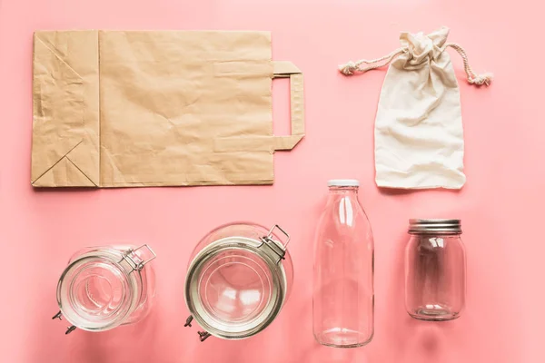 Set of jars and paper bag for zero waste storage and shopping. — Stock Photo, Image