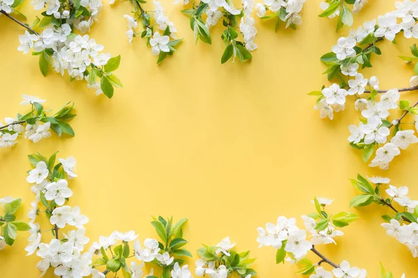 Border of spring white fruits blossom branches on yellow. Floral pattern. Banner or template. View from above, flat lay.