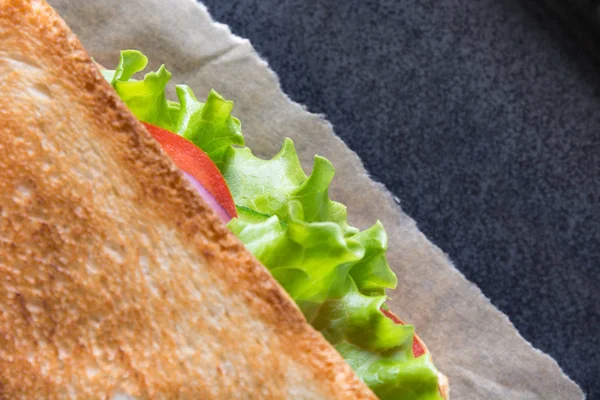 Capas de sándwich con tocino, tomate, cebolla, ensalada. Patrón alimenticio —  Fotos de Stock