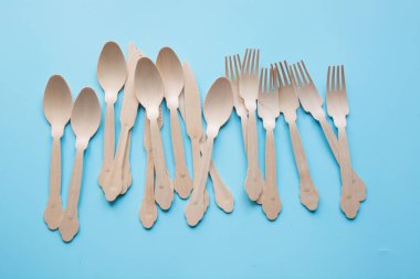 Doğal ahşap malzemeler, kaşık, bıçak ve çatal, mavi piknik için çevre dostu tek kullanımlık sofra. Üstte görüntü.