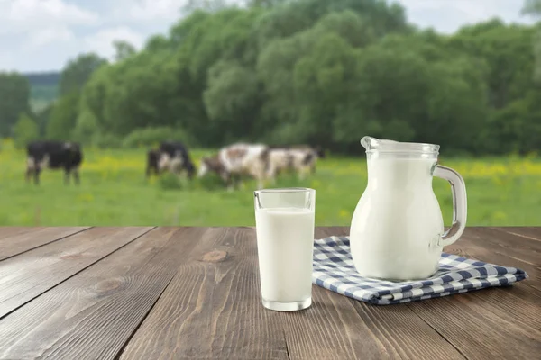 Čerstvé mléko ve skle na tmavém dřevěném stole a rozmazané krajině s krávou na louce. Zdravé jídlo. Rustikální styl. — Stock fotografie