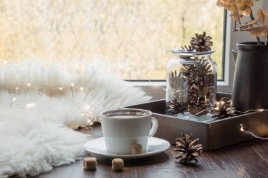 Ev iç pencere üzerinde Rahat natürmort Güz rahat. Evde kahve fincanı sıcak kabarık kürk. Hygge.